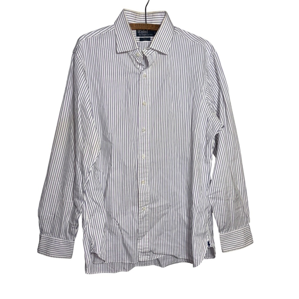 Polo Ralph Lauren Regent Dress Shirt Mens 17 43 Striped Purple Blue Cotton READ